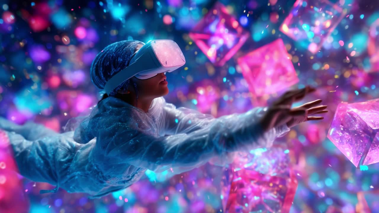 Immersive Experience: A Daring Adventurer Navigates Through a Vibrant Digital Universe, Encountering Glimmering Cubes of Light While Wearing a VR Headset, Exploring Boundless Possibilities in an Exquisite Visual Journey