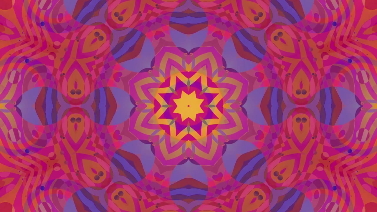 Mandala caleidoscopico ipnotico con motivi frattali vorticosi viola e arancioni in un design psichedelico ipnotizzante e ripetibile.