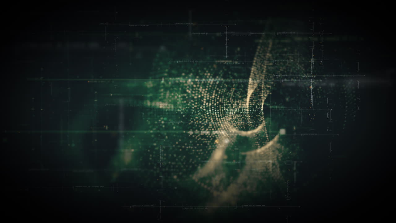 Futuristic abstract de-focus data matrix, meta, metaverse, telemetry and encrypt numbers display with particles simulation in cyber space environment for head up display background