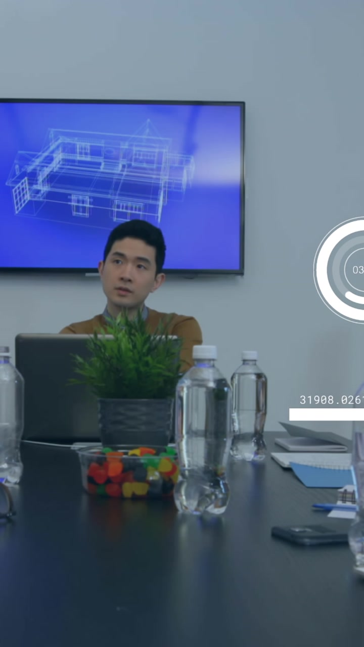 Animation of statistical data processing over team of diverse colleagues in meeting room at office