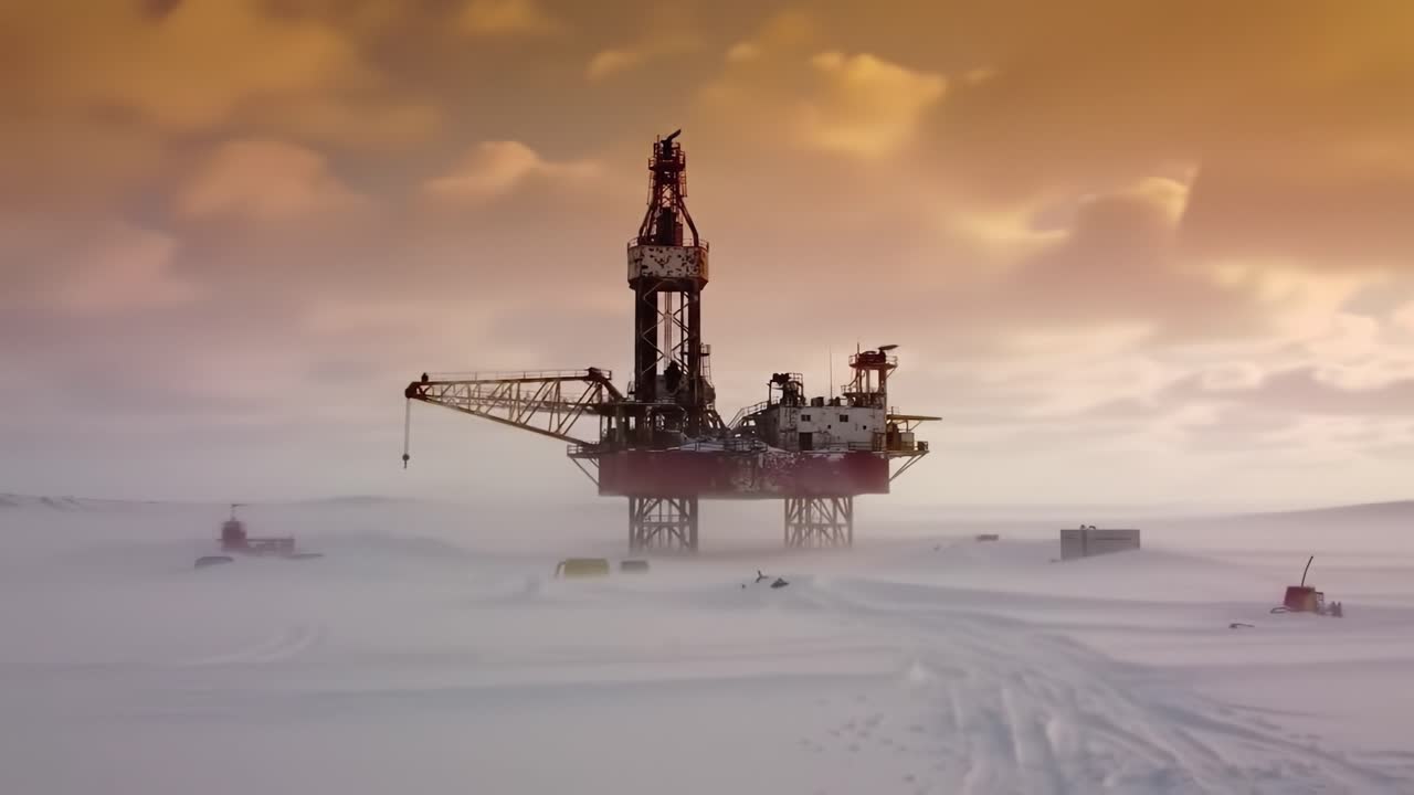 Oil Drilling Platform Stands Tall Against a Snowy Landscape During a Sunset in the Arctic Region