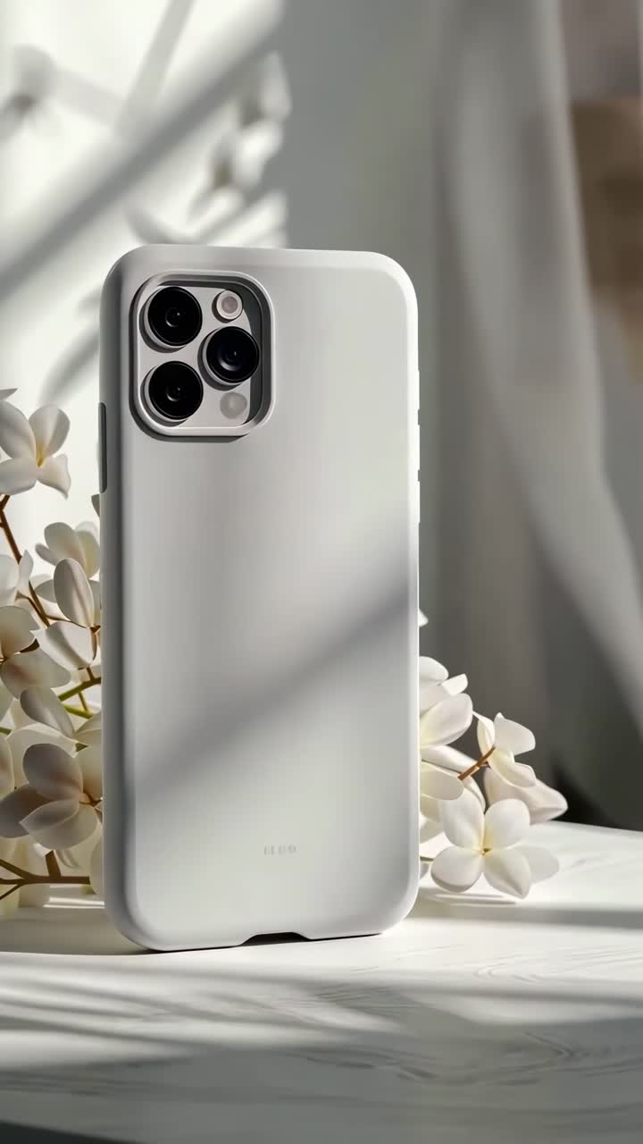 Close-up video shot of a sleek smartphone case with a floral backdrop