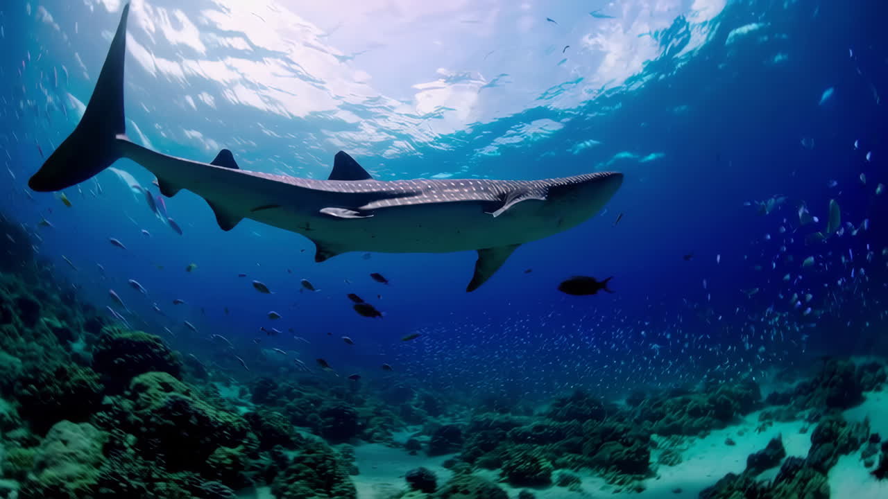 Majestic Whale Shark Gliding Through Clear Blue Ocean Waters