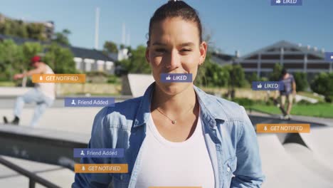 animation of social media icons and text over happy caucasian woman at skate park