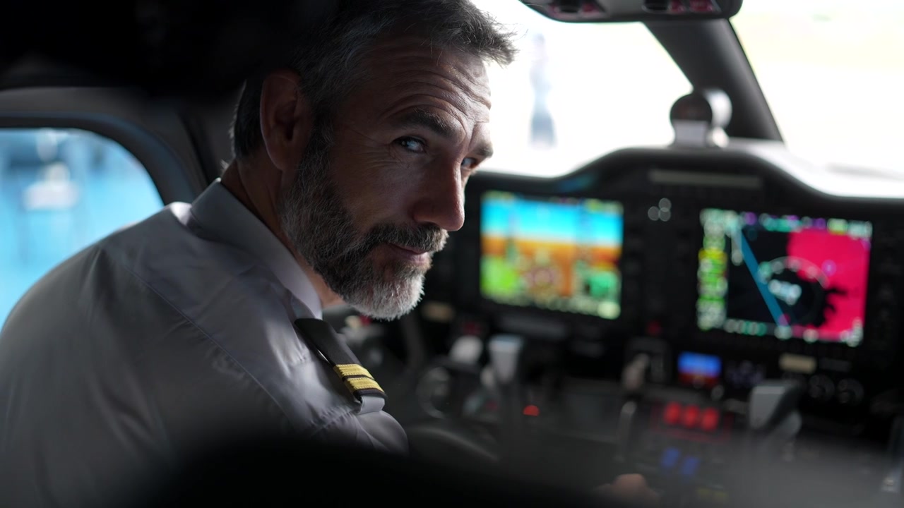 Confident Pilot Adjusting Controls in Airplane Cockpit and Smiling