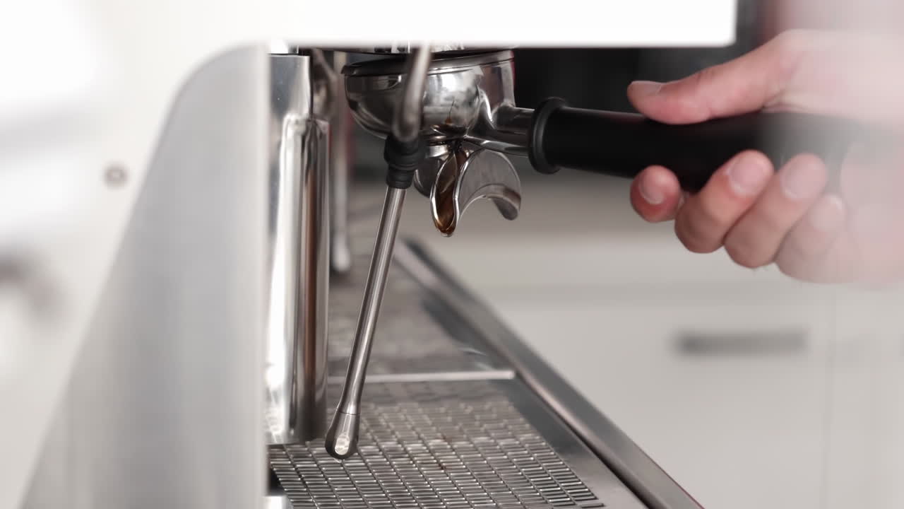 Barista profissional prepara café espresso usando compactador manual, compactando pó de grãos de café moídos na hora em um portafiltro, inserindo na máquina de café em cafeteria, restaurante ou loja