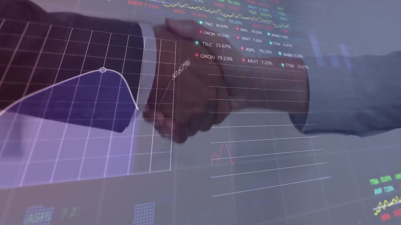 ビジネスマンがオフィスで握手している上で 財務データ処理のアニメーション