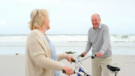 Side-view-of-old-caucasian-senior-couple-standing-with-bicycle-at-beach-4k