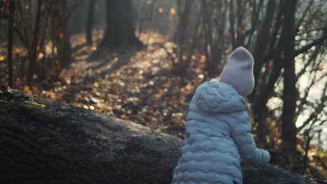 Little-girl-in-winter-coat-plays-in-golden-light-of-forest