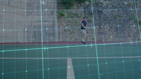 man swinging racket playing tennis on sports court, showing digital grid overlay and bouncing ball