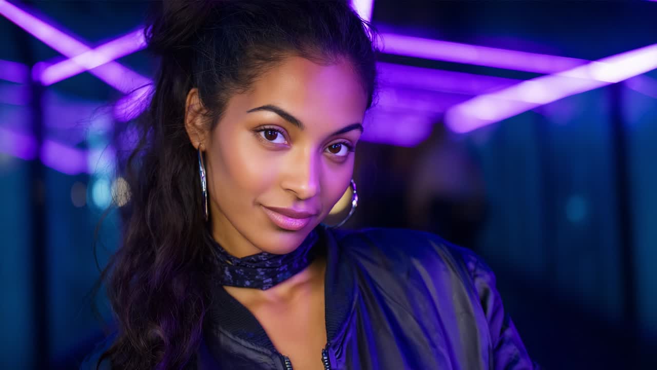 Ritratto accattivante di una giovane donna in un ambiente elegante con illuminazione al neon, che trasuda sicurezza e fascino mentre mette in mostra un'acconciatura chic e un abbigliamento alla moda