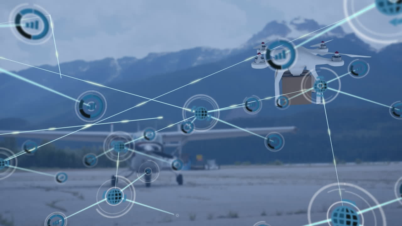드론과 비행기를 통해 아이콘으로 연결된 네트워크의 애니메이션