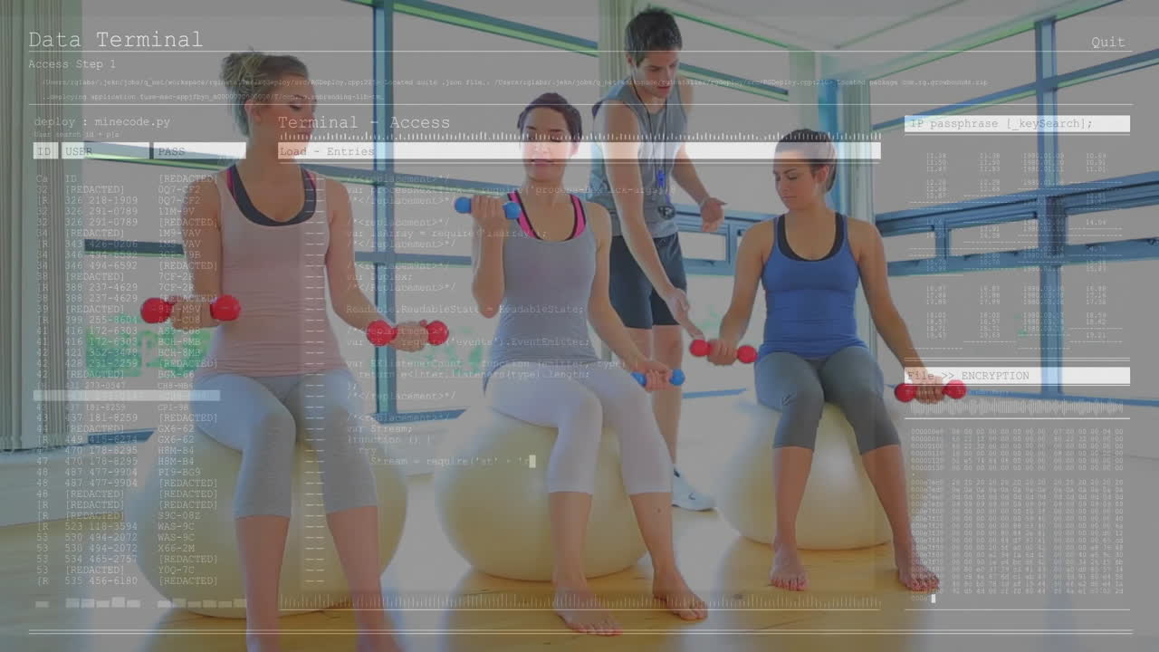 People exercising on stability balls with data processing animation overlay