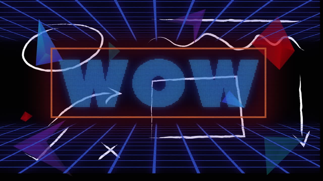 검은 바탕에 움직이는 와우 텍스트와 모양의 애니메이션