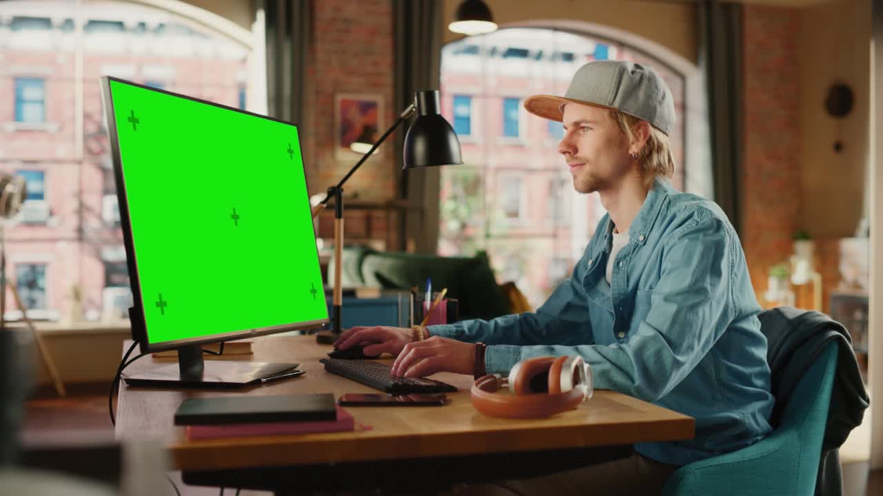 joven hombre adulto guapo con una gorra, trabajando desde casa en una computadora de escritorio con pantalla verde. hombre creativo comprobando y escribiendo correos electrónicos. vista de la ciudad urbana desde una gran ventana.
