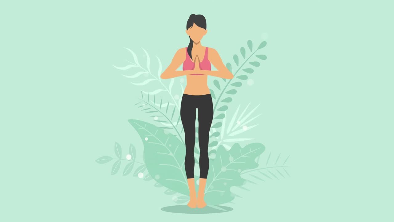 여성은 자연에서 요가 운동을합니다. 산 포즈. 요가 포즈를 보여주는 여성 만화 캐릭터. 건강한 라이프 스타일. 루프 애니메이션.