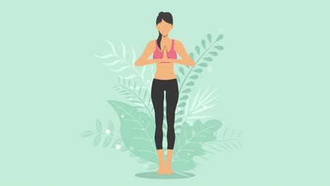 woman does yoga exercise in nature. mountain pose. female cartoon character demonstrating yoga pose. healthy lifestyle. loop animation.