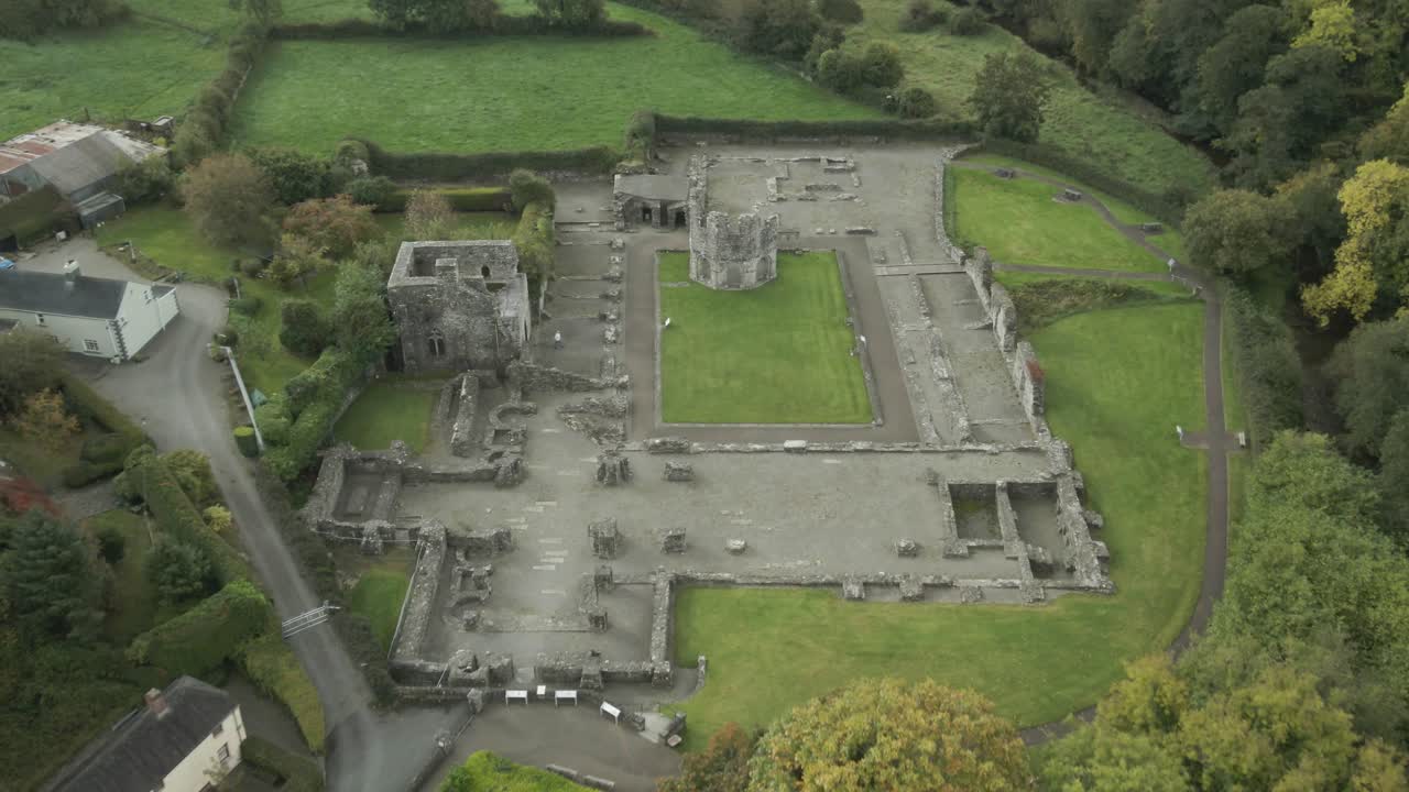 Panorama Of Old Mellifont Abbey Monument In Tullyallen, County Louth, Ireland. Aerial Drone Shot