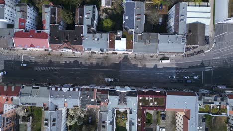 nice aerial top view flight german street in berlin city at cloudy day, district steglitz