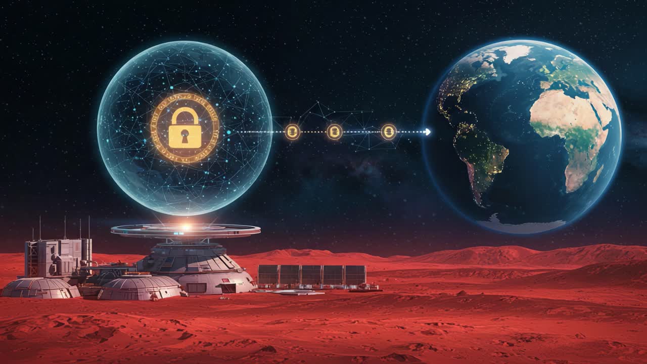 A futuristic vision of interplanetary communication showcasing a Martian base with encrypted data transmission linked to Earth, illustrating advanced technology in space exploration