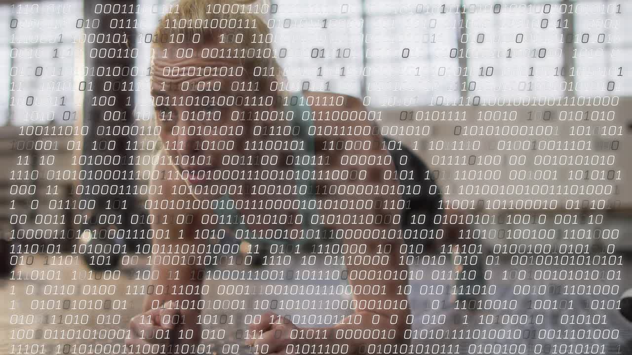 Woman trainee holding forearm plank on rubber mat, coach guiding as bits overlay showing fitness