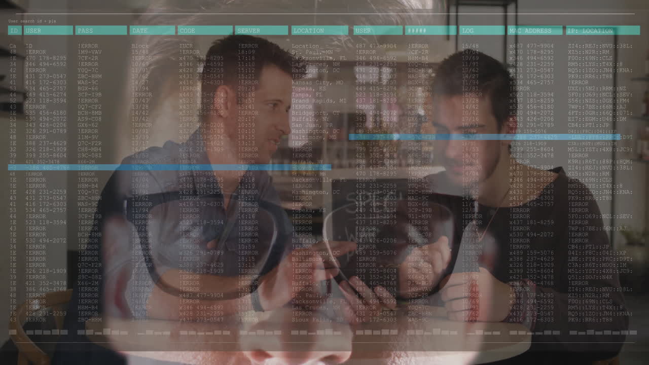 Two people working on device with data processing animation overlay