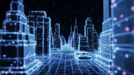 futuristic cityscape: a visual journey through a neon-lit digital urban environment with intricate grid patterns and spectacular 3d structures glowing in the dark