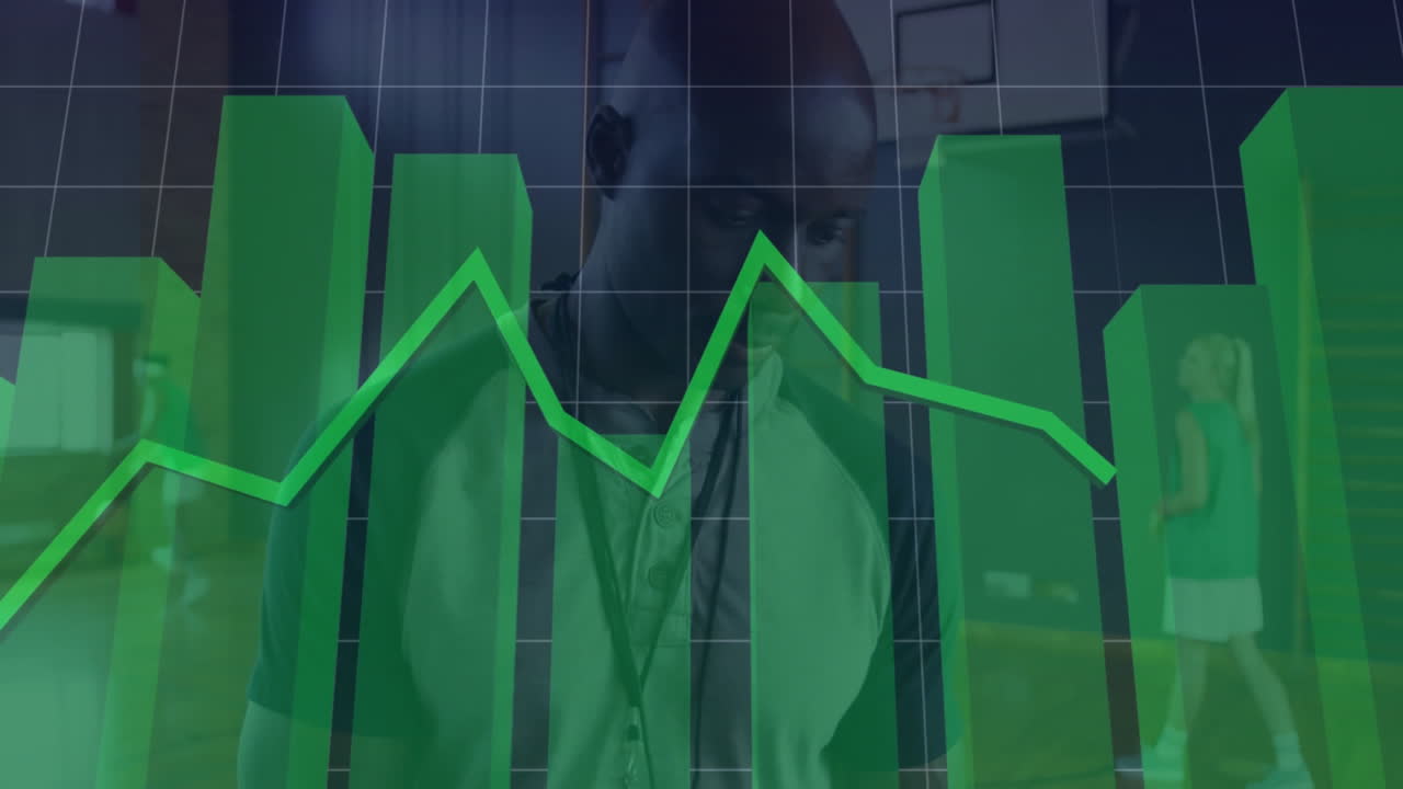 Coach guiding team on basketball court, highlighting sports analytics with green bar chart overlay