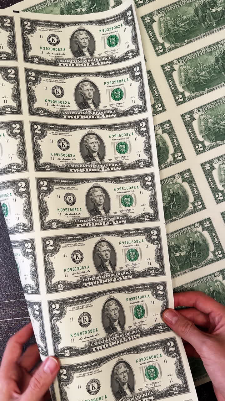 Foglio con il retro di banconote da due dollari. Primo piano. Una mano femminile gira il foglio e lo mostra vicino alla telecamera. Video verticale.