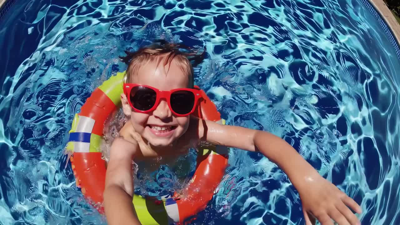 A joyful video of a child in a pool, wearing red sunglasses and a colorful float