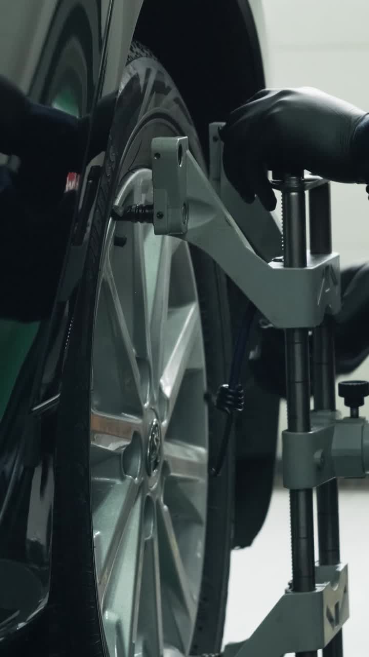 Mechanic Attaching Wheel Alignment Equipment to a Car Tire