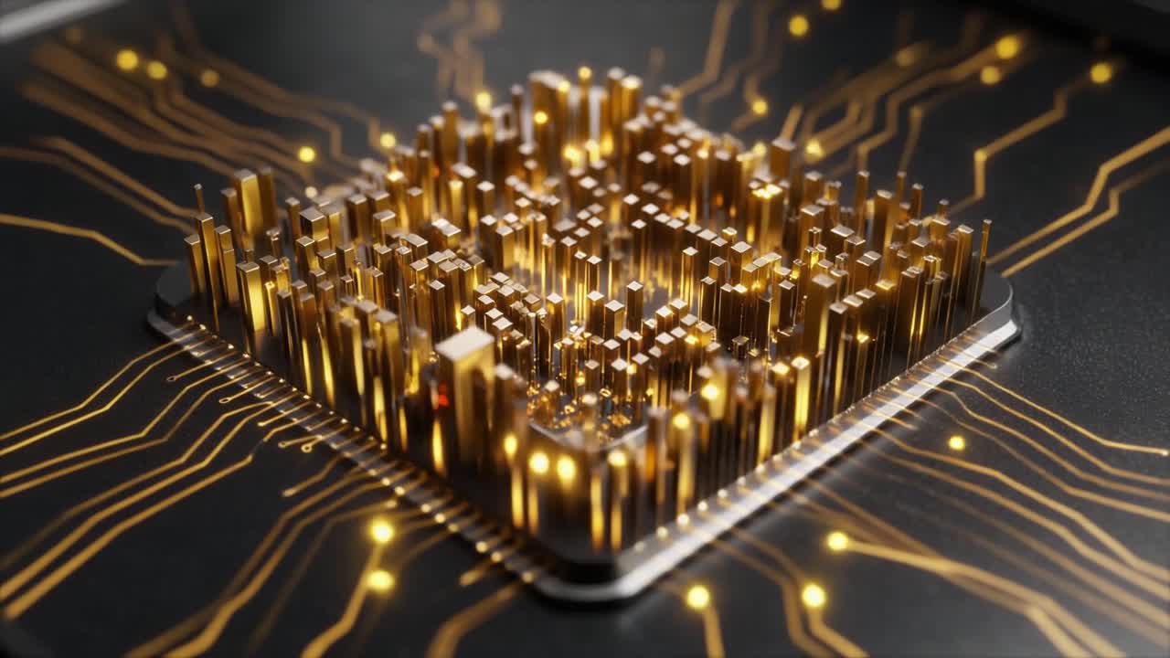 Digitale data der flyder gennem en gylden mikrochip