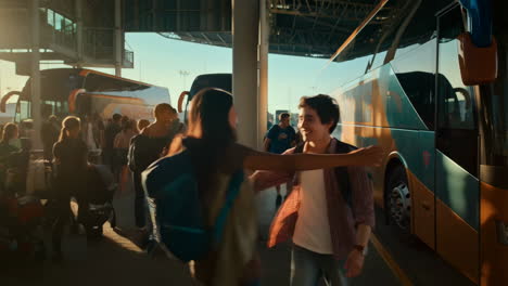 People meeting at a bus station