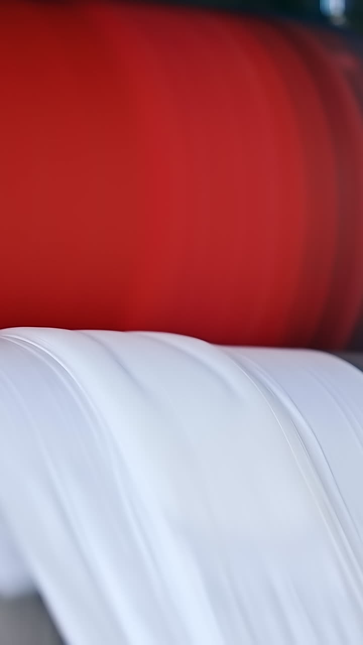 Quick movement of diaper cloth from the shafts. Conveyor line releasing the material at the diaper factory. Close up. Vertical video