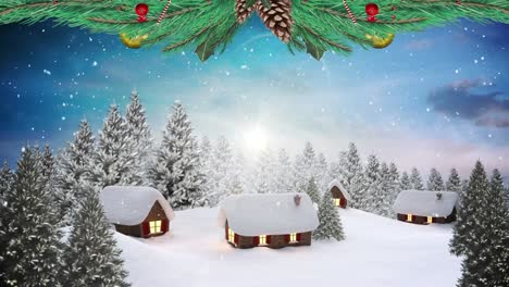 Christmas-wreath-decoration-over-snow-falling-over-multiple-trees-and-houses-on-winter-landscape