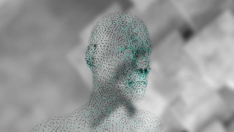 animation of human head with particles moving over grey background