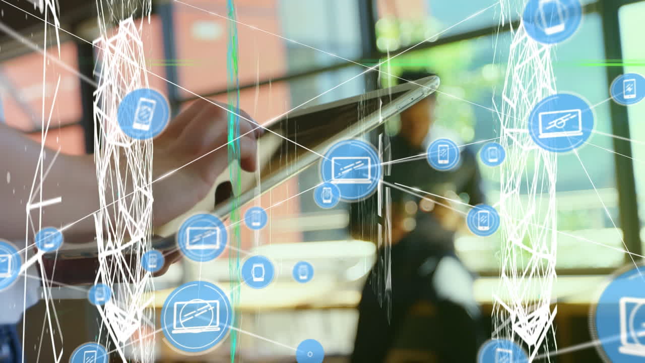 Animation of network of connections over person using tablet