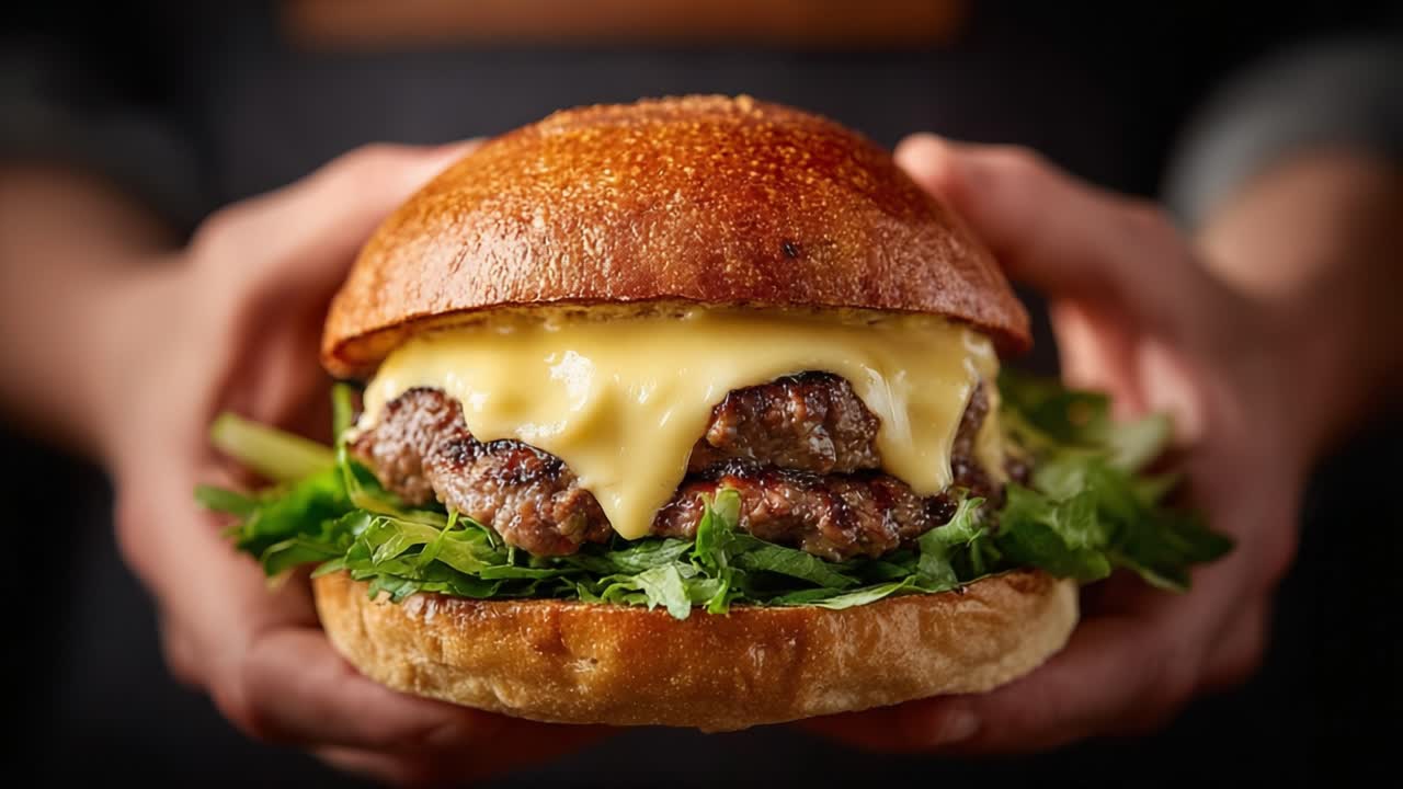 A Scrumptious Burger with Melted Cheese, Fresh Greens, and a Perfectly Toasted Bun Held in Hands, Ready to Satisfy Any Craving with Every Delicious Bite