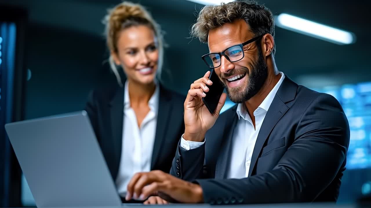 Un uomo in abito che parla al cellulare mentre è seduto a una scrivania con un portatile