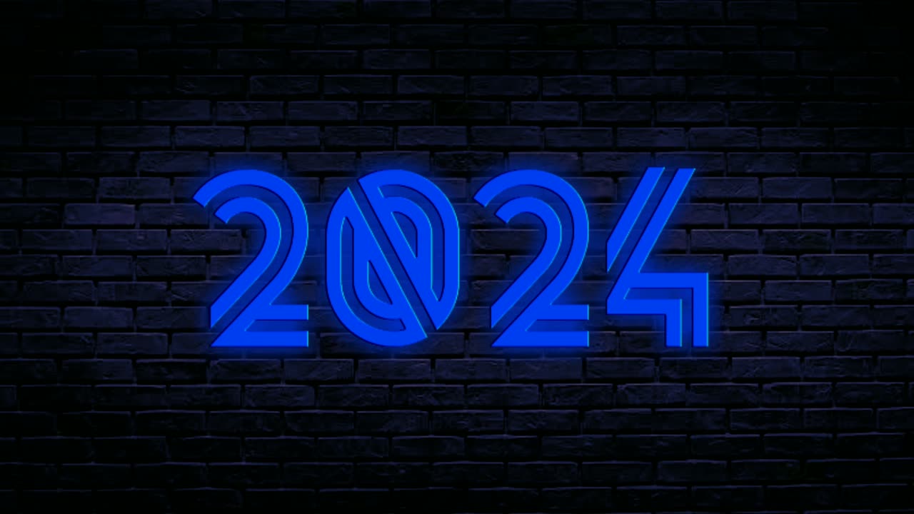 número 2024 animación de neón azul gráficos de movimiento en el fondo de la pared de ladrillo