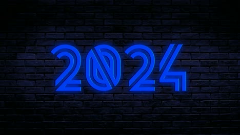 Zahl-2024-Blaue-Neon-Animationsgrafiken-Auf-Ziegelwandhintergrund