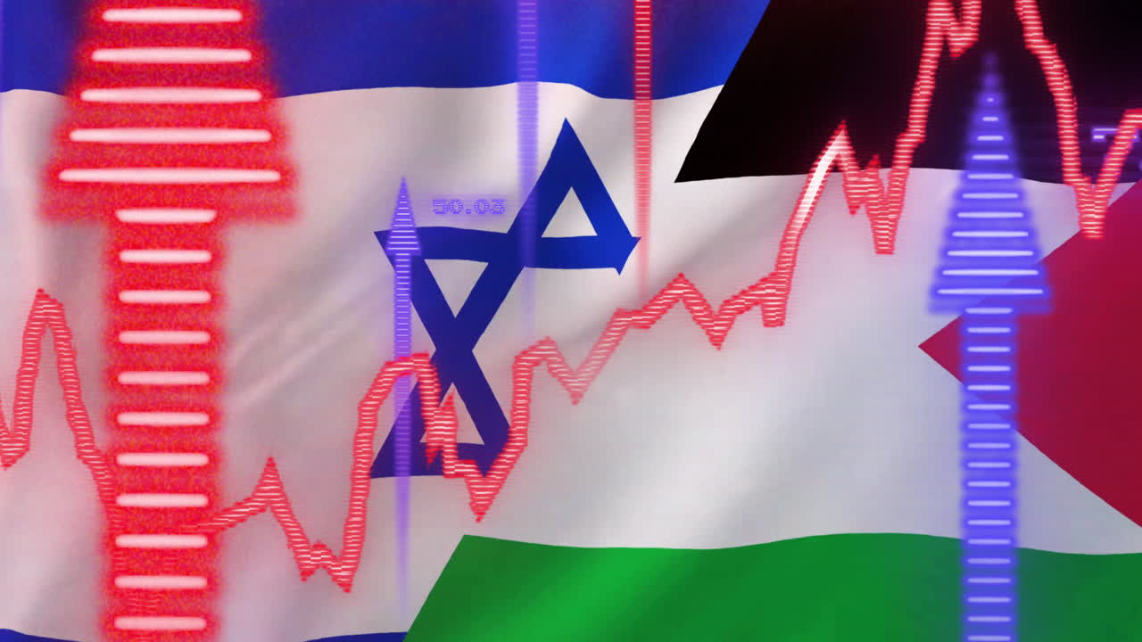 animación de flechas y procesamiento de datos financieros sobre la bandera de israel y palestina