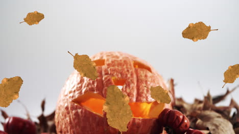 animation of orange autumn leaves falling over pumpkin