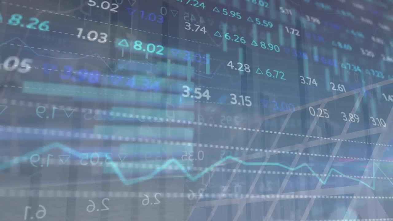 Animation of trading board with changing numbers and graphs over solar panels