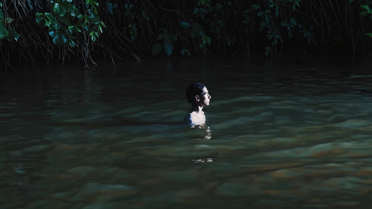 밤에 강에서 수영하는 사람