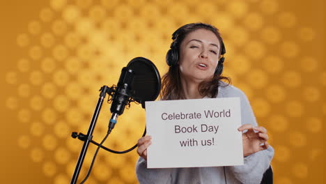 smiling woman filming promotional video for world book day, studio background