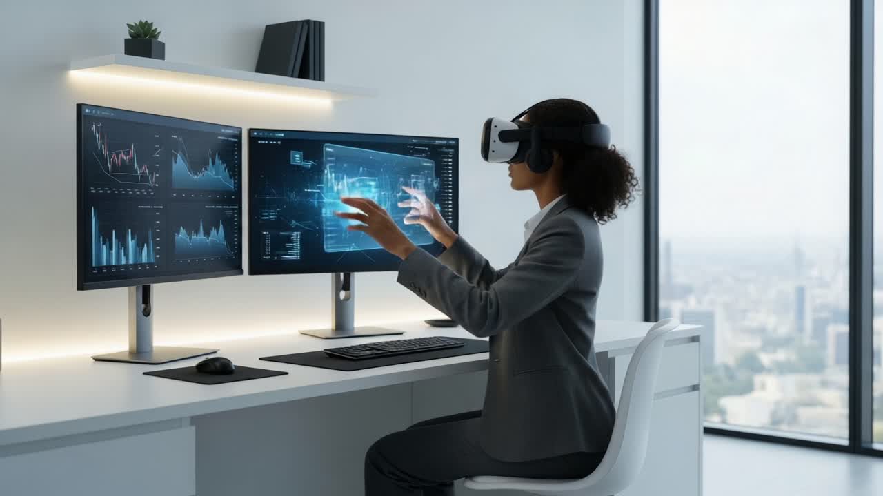 A Professional in Virtual Reality Engaging with Data Analytics in a Modern Office Environment, Merging Technology with Business Insights