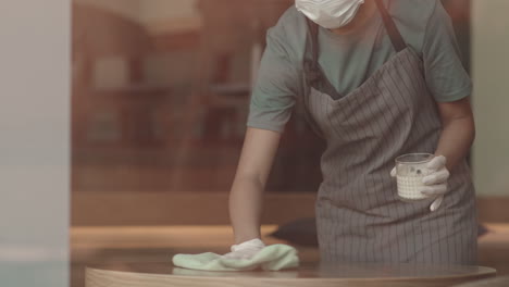 young mixed-race waitress cleaning cafe tables