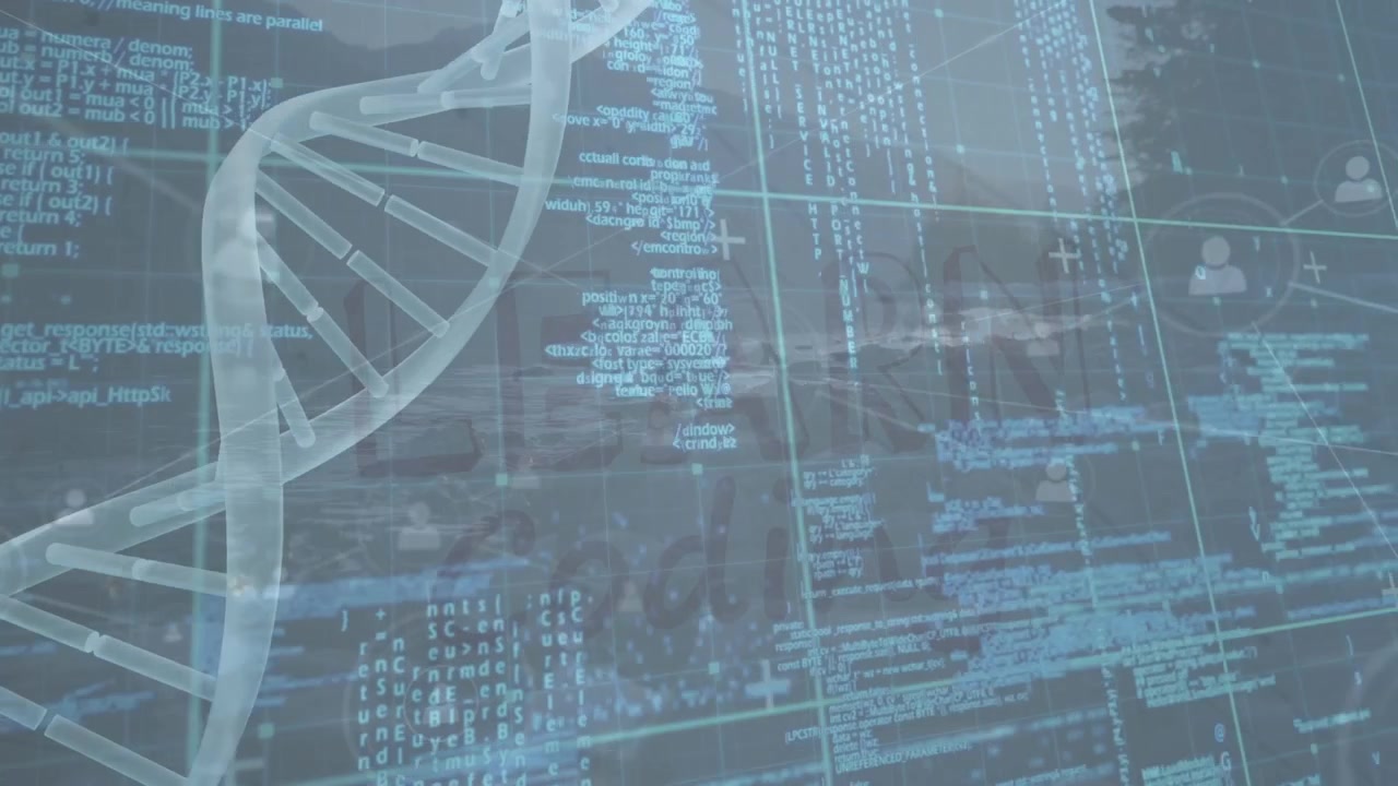 Animation of data processing and dna strand over landscape