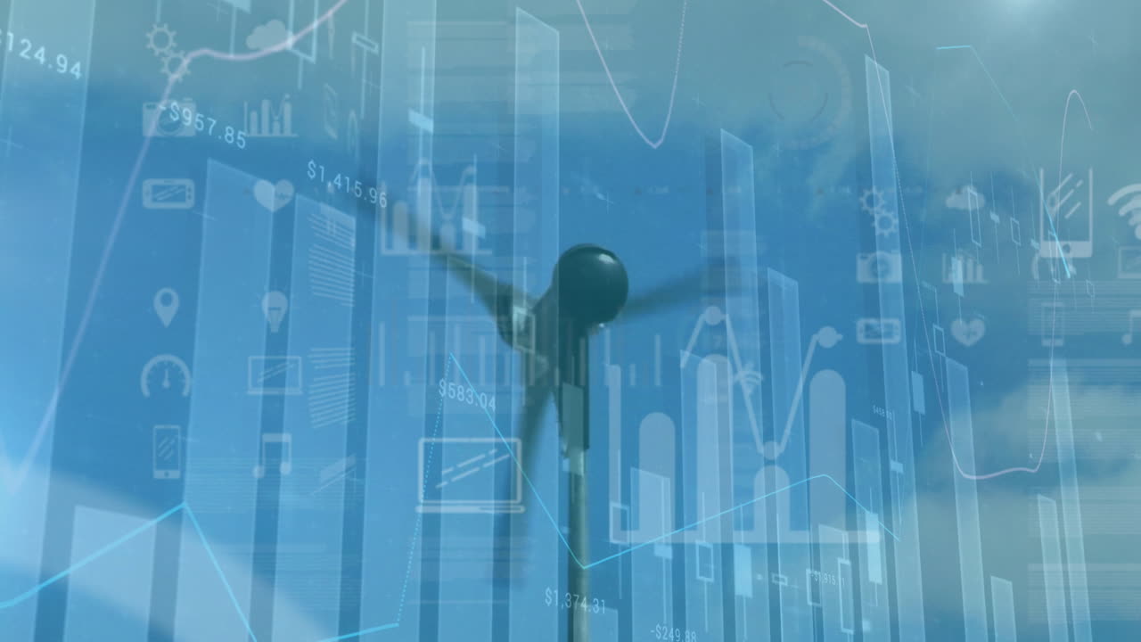 animación del procesamiento de datos estadísticos e iconos digitales sobre un molino de viento giratorio contra el cielo azul